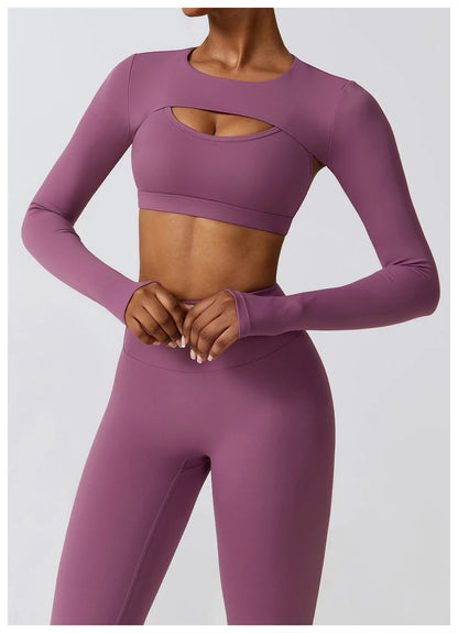 Long-Sleeve Crop Top, Strappy Padded Bra & High-Waist Leggings Set