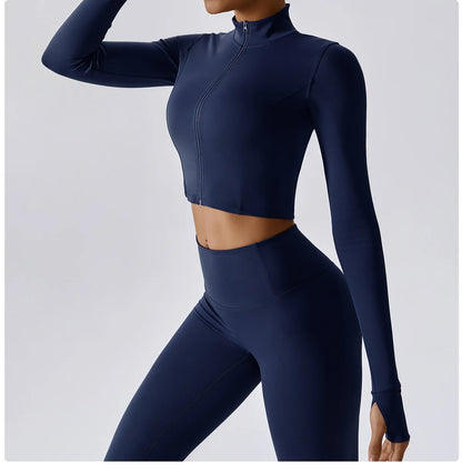 Zipped Long Sleeve Top, High-Waist Leggings & Sports Bra Set