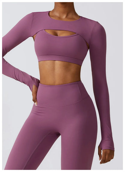 Long-Sleeve Crop Top, Strappy Padded Bra & High-Waist Leggings Set